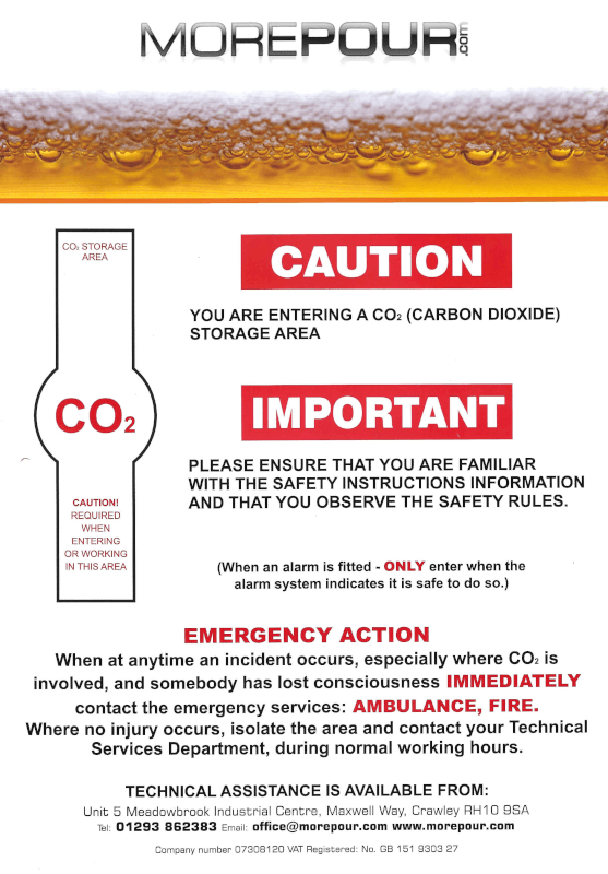 CO2 Gas Storage warning Safety card - Morepour Drinks Dispense